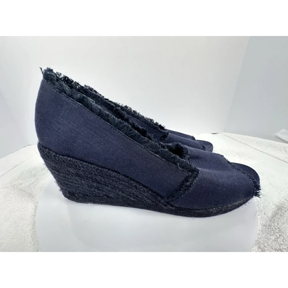 Ralph Lauren Linen Peep Toe Navy Blue Espadrilles Wedge Womens Sz 9‎ French chic
